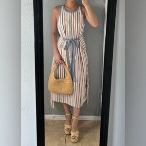Striped Cotton Linen tie front Midi Dress S| Coastal Vacation euro summer resort